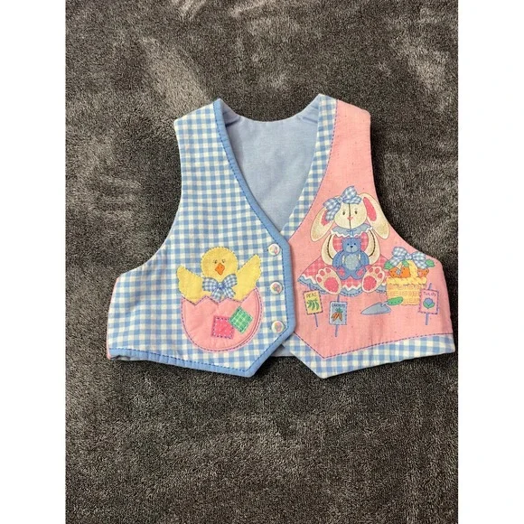 Vintage Handmade Easter Bunny Chick Patchwork Vest Blue Gingham Pink Kids Spring