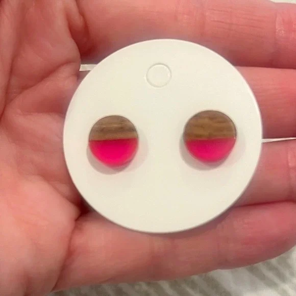 Pink Acrylic‎ and Wood Half-Moon Stud Earrings