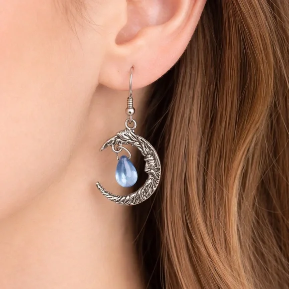 Man in the Moon Crescent Earrings with Blue Teardrop Bead