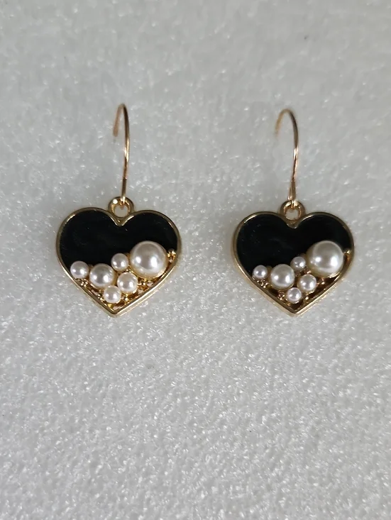 Hand Crafted Gold Heart Earrings with Black Enamel and Pearl Clusters