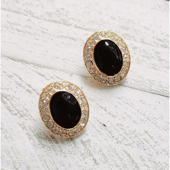 Norma Jean Marilyn Monroe Black Cabochan Rhinestone Pave Clip On Earrings