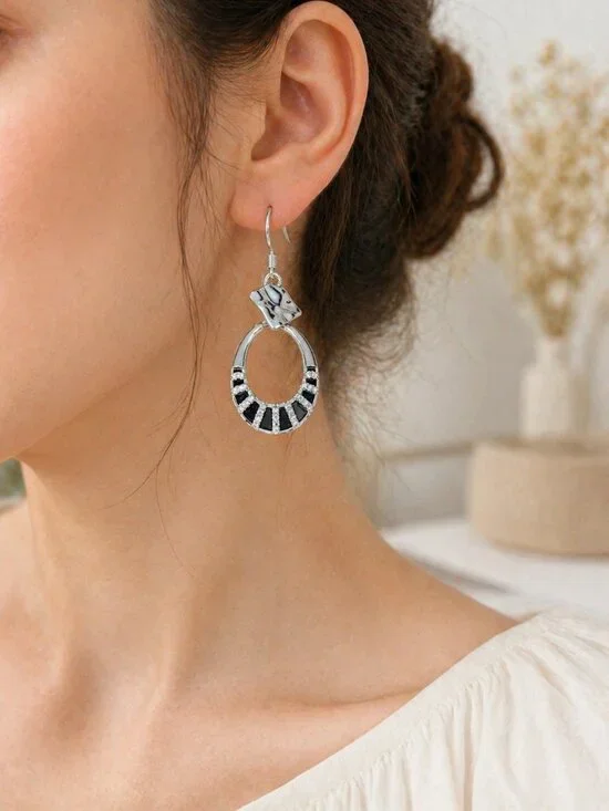 Silver Ethnic Oval Hoop Dangle Earrings Black Accent Mother's Day Gift