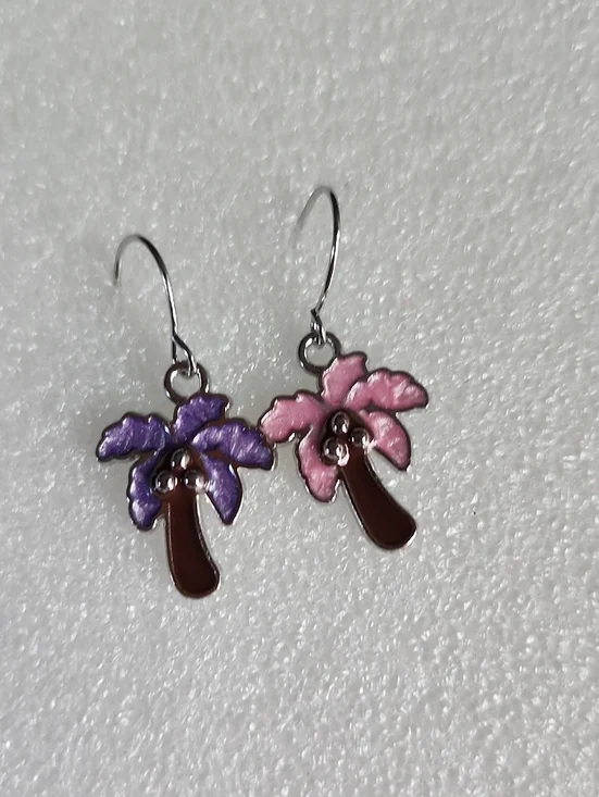 Hand Crafted Purple and Pink Palm Tree Dangle Earrings