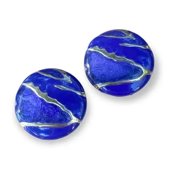 80s style blue gold zig zag post earrings