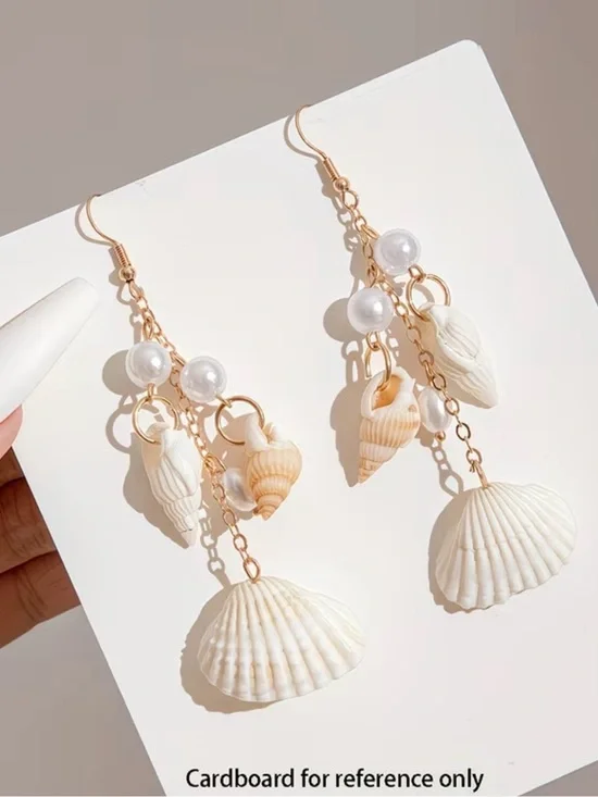 Gold-Tone Seashell Drop Earrings with Pearl Accents