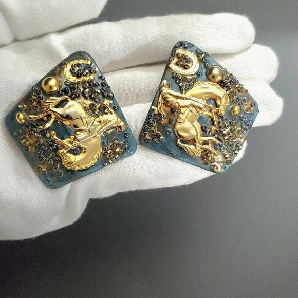 Rodeo Horse Cowboy Earrings OOAK‎ One-of-a-Kind Vintage Enamel Art Earrings