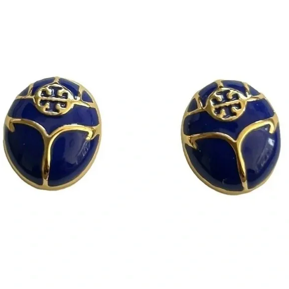 Tory Burch New Blue Enamel Oval Gold-Toned Earrings