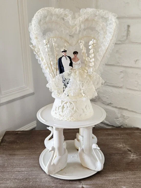 Vtg 1950s Wedding Cake Topper, 2 Part, Couple + Swans, Floral, Heart