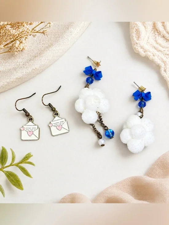 2 Pair Earrings Lot Dangle Drop Floral Pom Pom Fashion Jewelry Set