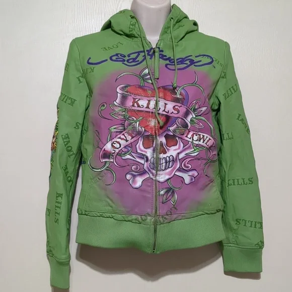 Ed Hardy by Christian Audigier Green Pink Leather Jacket hoodie Women's Medium