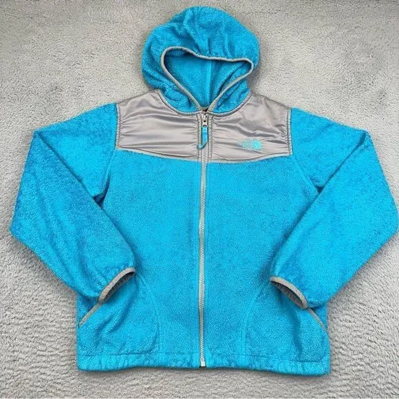 North Face Fleece Jacket Girls Large Blue‎ Hooded Full Zip Hiking Outdoor Preppy