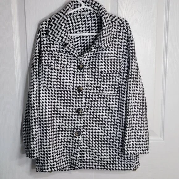 Girls Houndstooth Button Down Tweed Jacket Black White Size 7