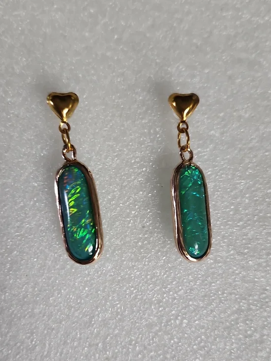 Hand Crafted Gold Heart Dangle Earrings with Blue and Green Opal