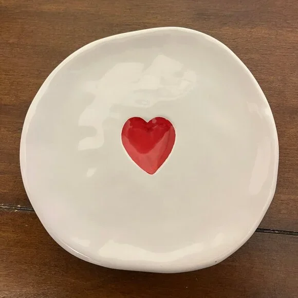 Williams Sonoma Set of 2 White Small Plates Red Heart Detail NEW