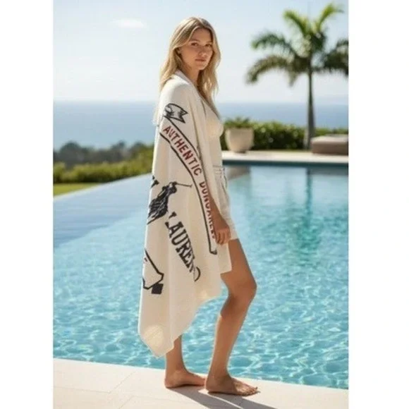 VTG Ralph Lauren Beach‎ Towel Authentic Dungarees Cotton Cream Navy 35