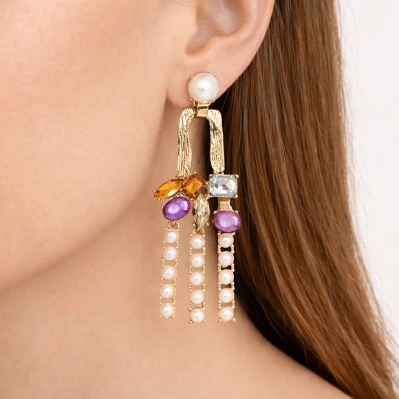 Statement Gold-Tone Earrings with Colorful Stones & Faux Pearl Strands