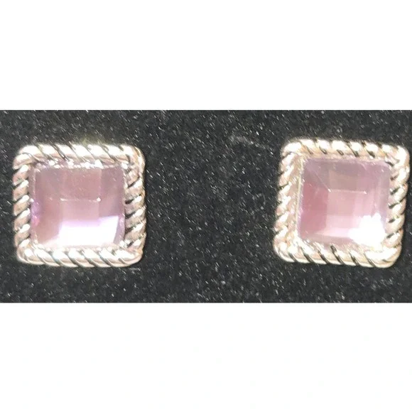 Square Purple Gem‎ Stud Earrings Silver Tone Twisted Rope Border Women