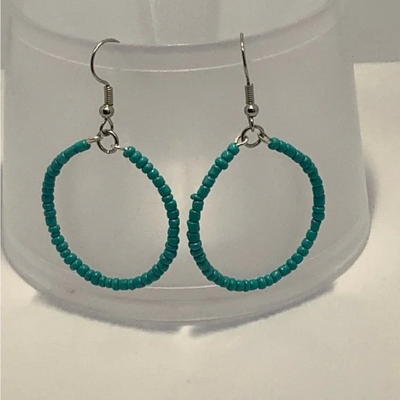 Turquoise beaded hoop earrings handmade seed bead dangle circle earrings