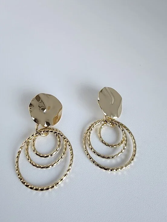 Gold Tone Triple Circle Dangle Earrings Textured Hoop Statement Earrings