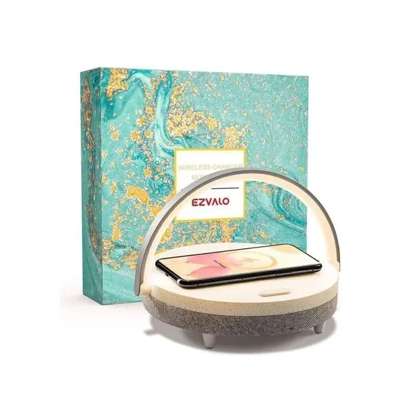 EZVALO Music Table Lamp with Wireless Charger, 4 in 1 Touch Bedside Lamp, Portab