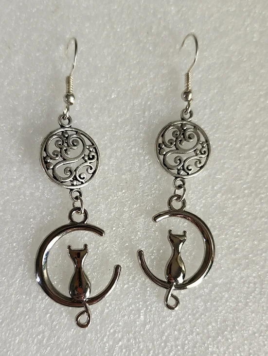 Hand Crafted Silver Cat Crescent Dangle Earrings