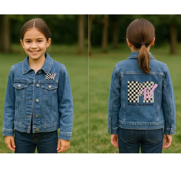 MTV Logo Denim Jacket‎ Kids Large 10-12 80s Retro Music Video Costume Jean Patch