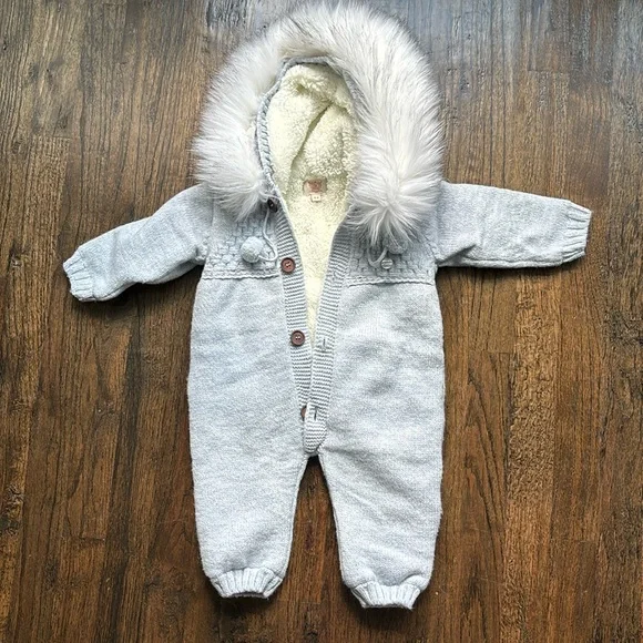 Caramelo Kids Blue Knit Pom Pom Pramsuit (6-9M)