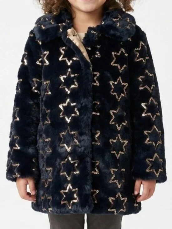 Girls HANNAH BANANA Black Faux Fur Gold Sequin Star Coat 6