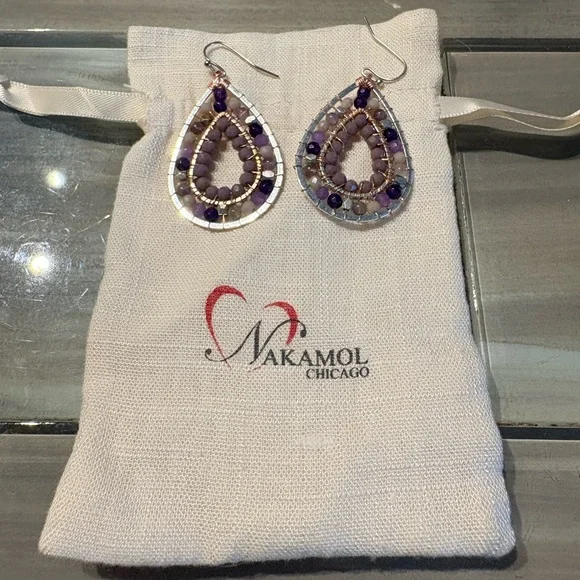Nakamol Chicago Purple Beaded Teardrop Earrings EUC - in dust bag