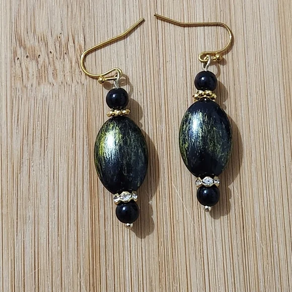 Hand Crafted Pierced Elegant Green Black and Gold Earrings Rhinestones   Dangle