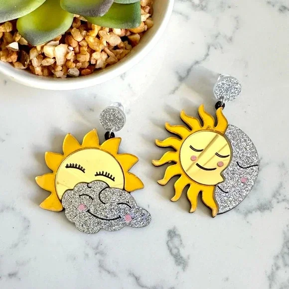 2/$30🌵 Sun & Moon Earrings Mirrored Acrylic Large Pop Art Celestial Glitter NEW
