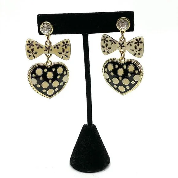 NWT Betsey Johnson Black Cream Heart Bow Enamel Crystal Drop Pierced Earrings