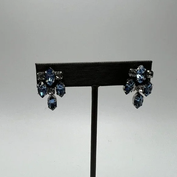 Vintage Rhinestone Screw Back Earrings Light Blue and Clear Stones Dangle Drop