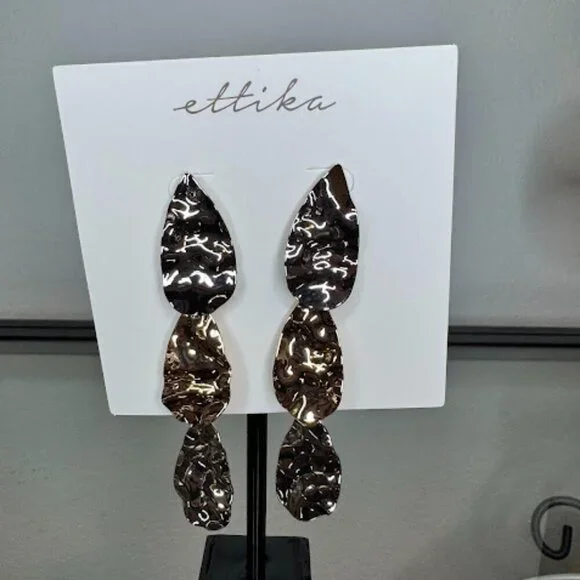 NWT Ettika Hammered Two-Tone Drop Earrings Silver Gold