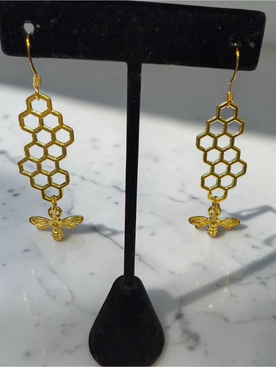 Honeycomb & Bee Dangle Earrings Cottagecore Boho Gold Hexagon Drop
