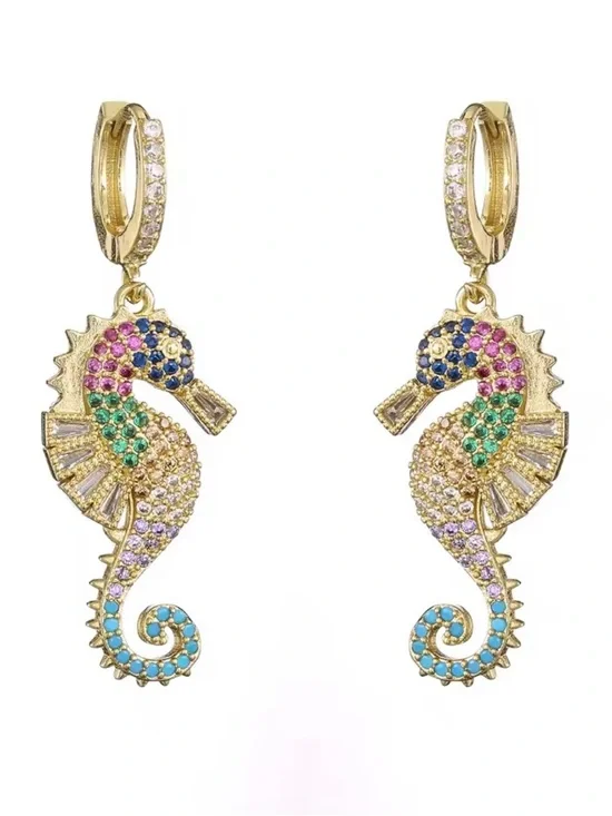 14k Multigem Seahorse Drop Hoop Earrings