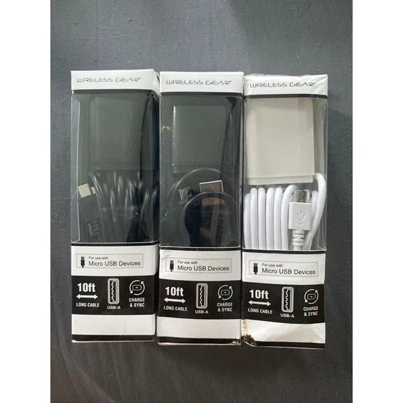 Wireless Gear 10ft Micro USB Cable Dual USB-A Wall Charger 2.1A Lot of 3 NEW