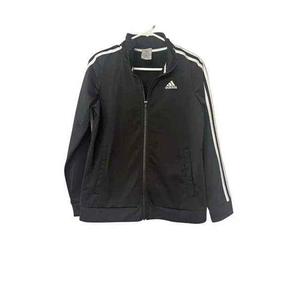 Kids Adidas Black Track Jacket White Stripes Zip Front Athleisure L 14-16‎