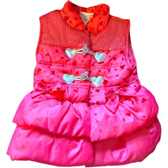 Little Lass girl's hot pink hearts bows ruffles full‎ zip puffer vest sz 5