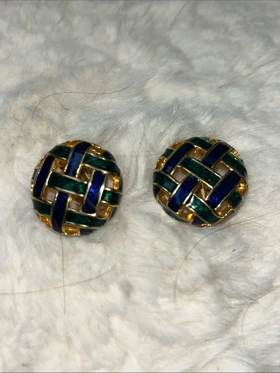 Gold-Tone Woven Enamel Clip Earrings - Blue & Green