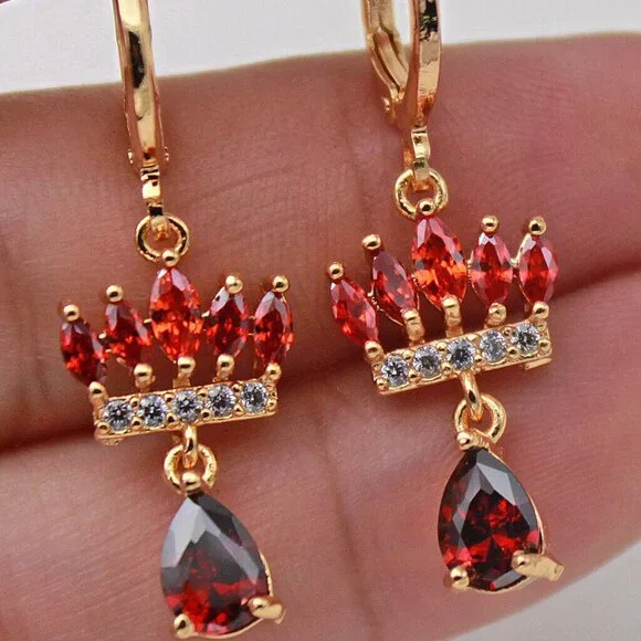 18K Yellow Gold Filled Crown Ruby Red Diamond Zircon Dangle Earrings Gorgeous