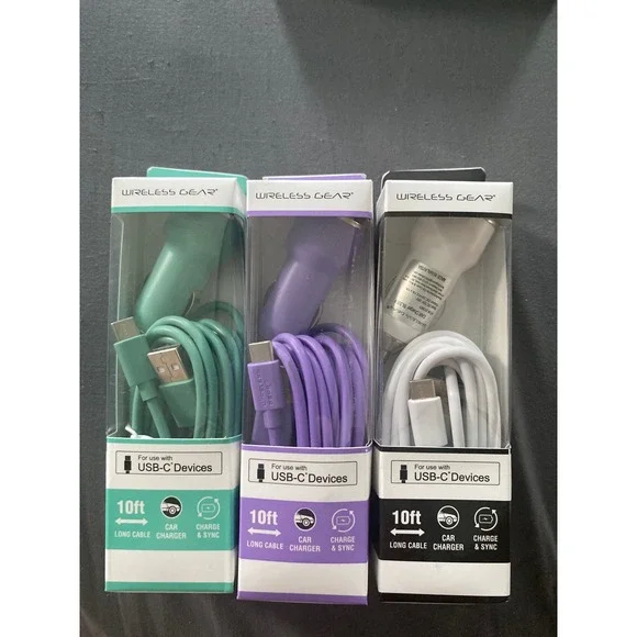 Wireless Gear 3pk USB-C Car Charger 10ft Cable Dual USB Port Teal Purple White