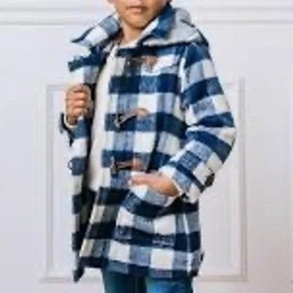 Hope & Henry Kids Plaid Toggle Coat Hooded Blue White Buffalo Plaid‎ Size Small
