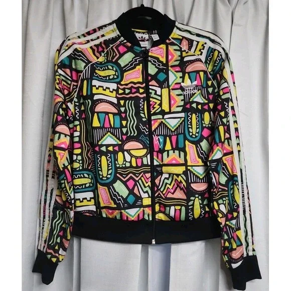 Adidas Full Zip Cropped Track Jacket 14-15Y XLarge Retro Loud Colorful 90s Print