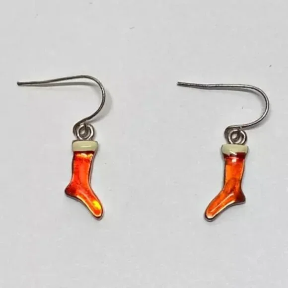 Christmas Stocking Earrings Dangle Style Holiday Season Red White Sock‎ Vintage