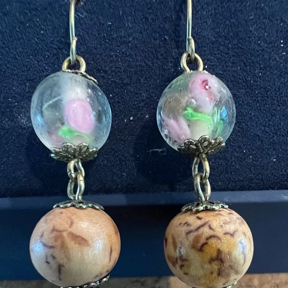 Pink and Green Floral Ceramic Earrings