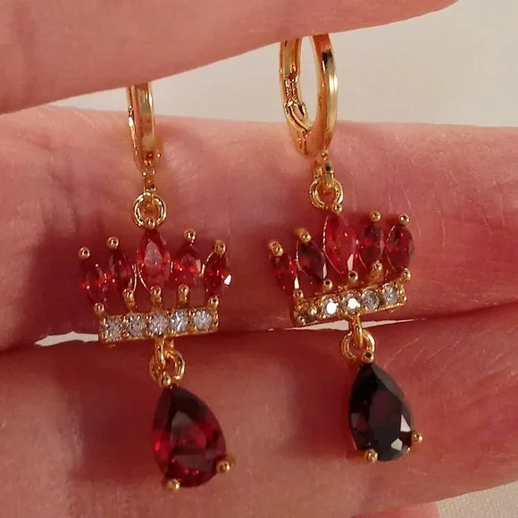 18K Yellow Gold Filled Crown Ruby Red Diamond Zircon Dangle Earrings Gorgeous