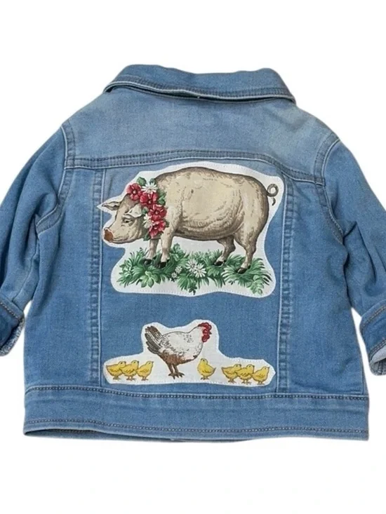 Upcycled Stretch Denim Kids Jacket Farm Animal Appliqué Western
