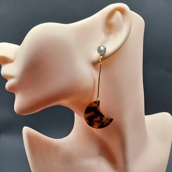 Tortoiseshell Crescent Moon Drop Earrings – Crystal Stud Top