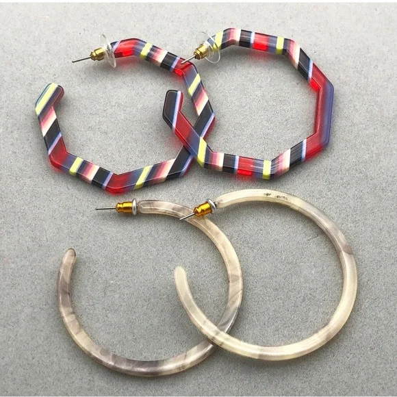 Hoop Earrings Set‎ Multicolor Striped Octagon Cream Marbled Acrylic Resin
